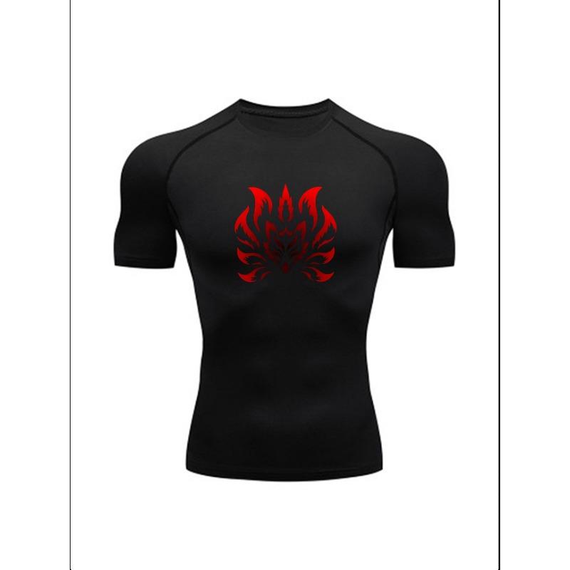 Men'S Demon Print Compression T-Shirt, Quick Dry Short Sleeve Gym Workout Tee, Gothic Tribal Pattern Athletic Fitness Training Top