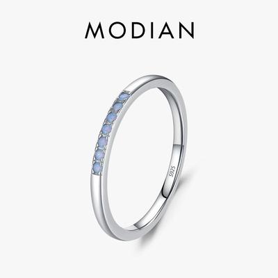 Modian 925 Sterling Silver Simple Blue Opal Pave Setting Finger Ring Trendy Stackable Wedding Jewelry For Women Gift