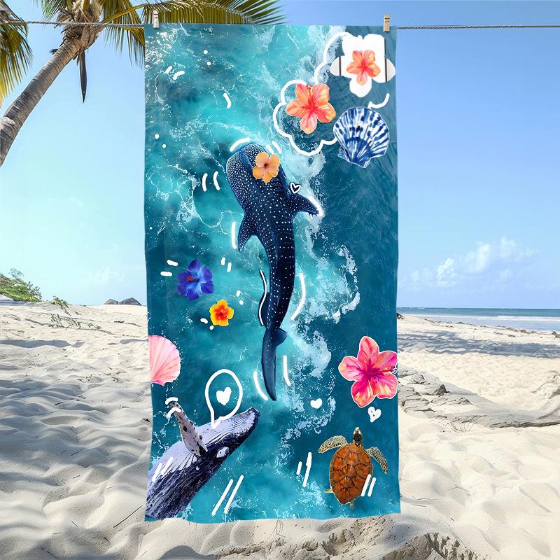 Whale Shark & Hibiscus Beach Towel, Teal Ocean Wave Print Quick-Dry Towel 50x100cm