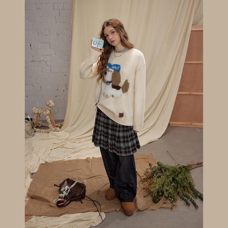 UNIFREE Korean Style Dog Pattern Round Neck Knit Sweater