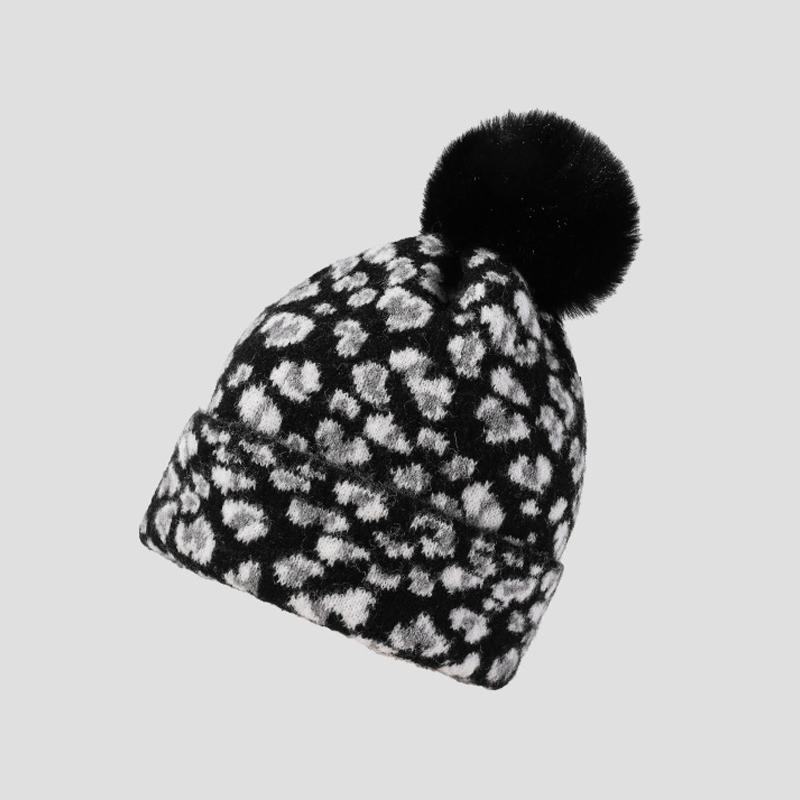 

Зимняя шерстяная вязаная шапка с леопардовым принтом, женская, для улицы, ветрозащитная, холодостойкая, теплая шапка с помпоном