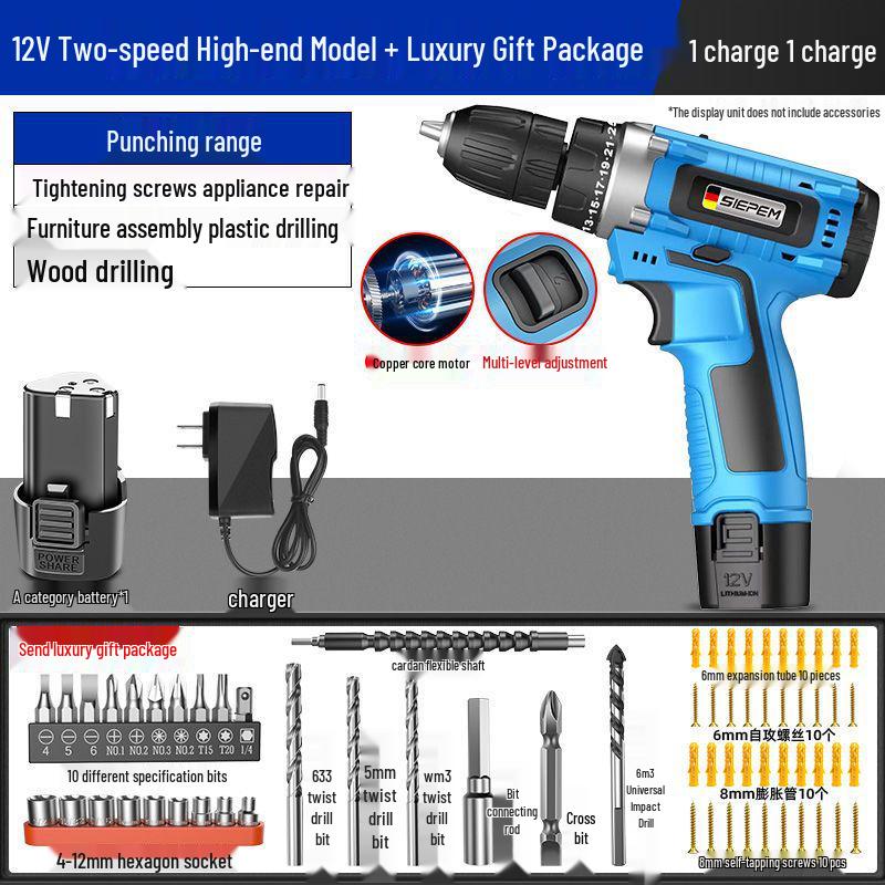 Rechargeable Multi-Function Electric Hand Drill with Impact and Screwdriver Features