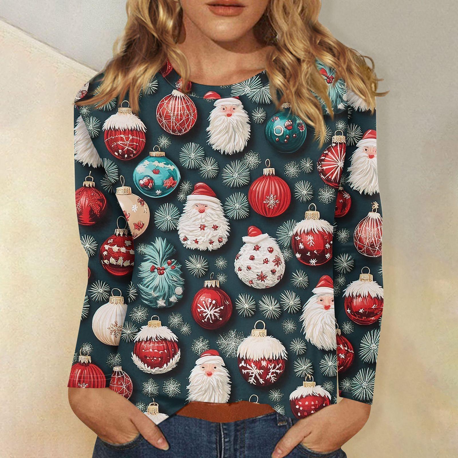 Женская мода повседневный рождественский принт круглый вырез длинный рукав пуловер — фото 7