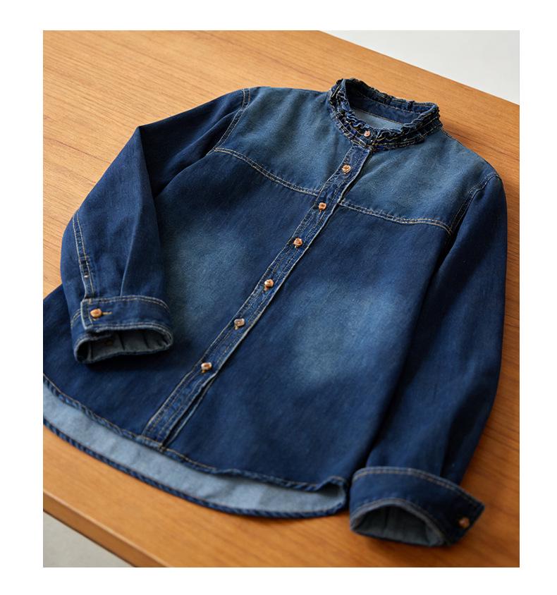 Women's Long Sleeve Retro Blue Denim Shirt Jacket with Ruffled Collar - 2026 Spring Arrival