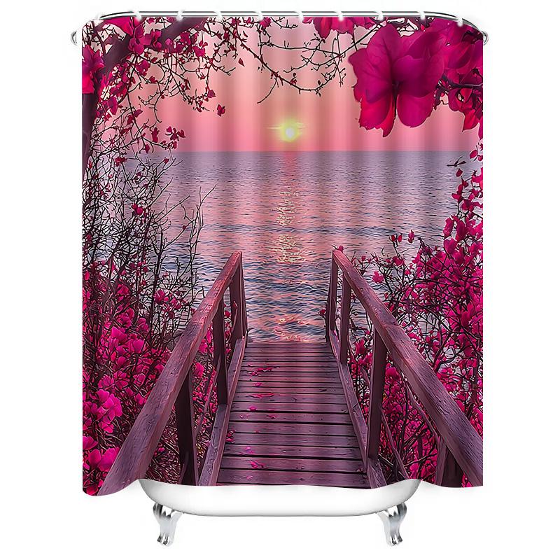 Stylish Shower Curtain With Scenic Sunset And Blossoming Flowers - Perfect For Home Decor Waterproof Durable Elevate Space