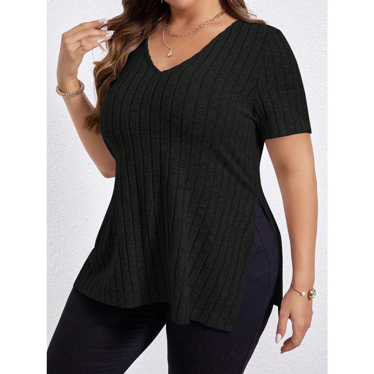 

Summer Spring Solid Color Plus Size Women s Top V-Neck Ribbed Short Sleeve Split Pullover T-shirt 1XL