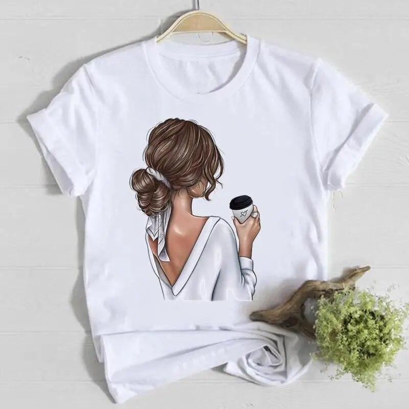 Coffee Happy Time Cute Summer Short Sleeve Casual Tee Top Clothes Fashion Shirt Lady Tshirt Female T Women Graphic T-shirts