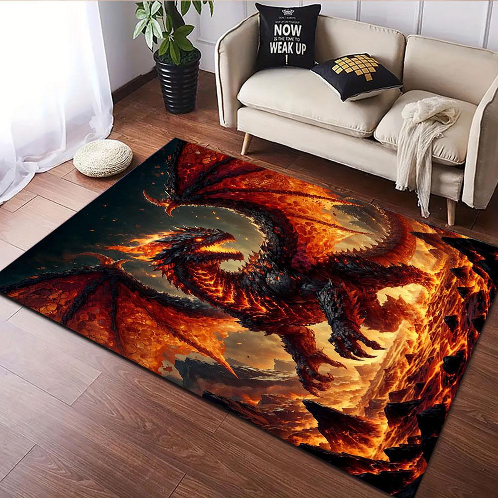 "Fiery Lava Dragon in Volcanic Landscape" Patterned carpet, suitable as a non slip play mat for the living room and bedroom sofa