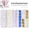 Japanese Nail Art Pearl Set: 12 Grids of Mixed Size Half-Round AB Iridescent Mermaid Pearls