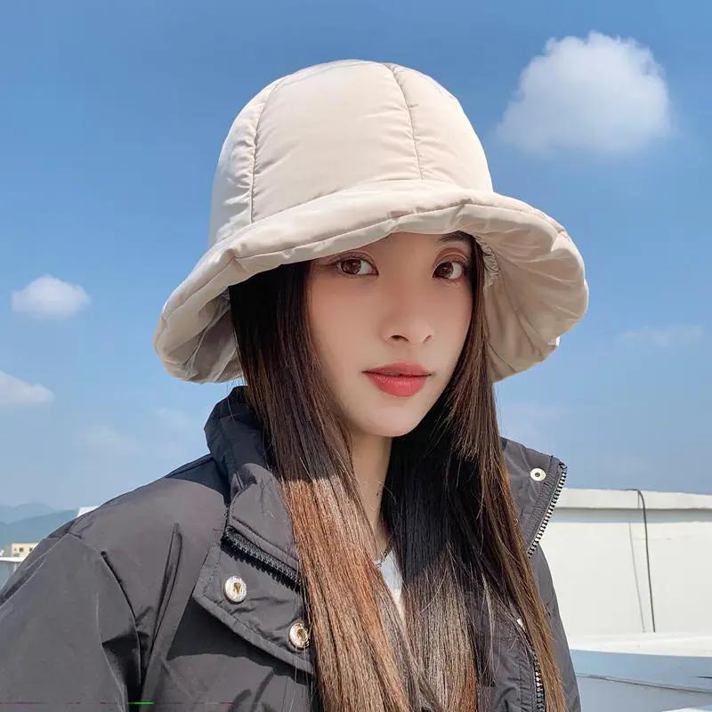 WTEMPO Couple Autumn Winter Down Cotton Bucket Hats Women Solid Color Warm Casual Hats Elegant Casual Versatile Hats