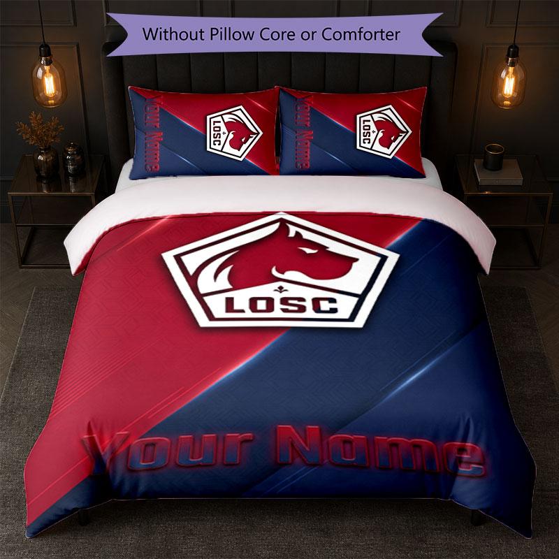 LOSC Lille Custom Name Text Bedding Set 1 Duvet Cover+2 Pillowcases Soccer Logo Personalized Gift For Special Occasion Bedroom Decor