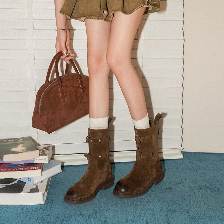 Blue Cabinet Edition~ Retro Polished Belt Buckle Western Cowboy Boots Skinny Short Boots Women's Maillard Martin Boots Locomotive Boots