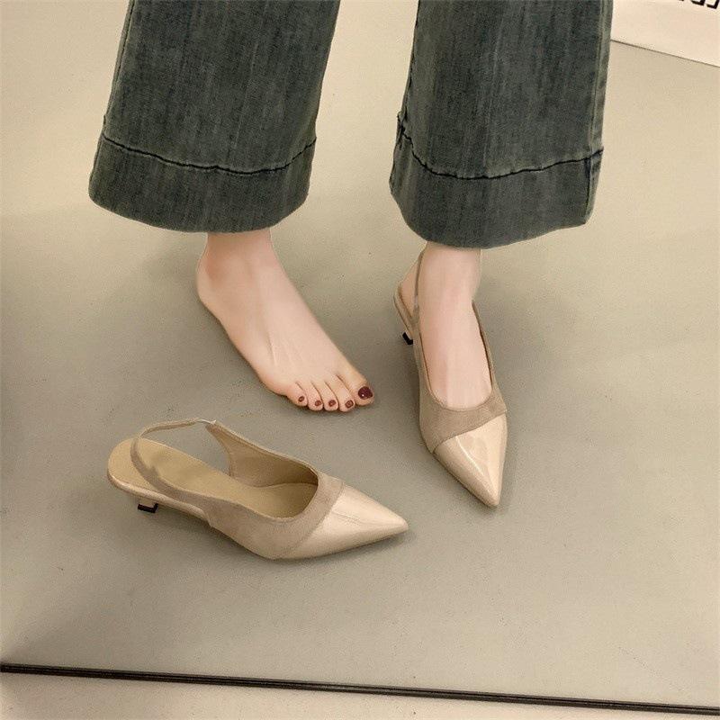 Vakre stiletthæler med spiss tå, sandaler med veskehode, damesommerskjørt, enkle sko, nye sko