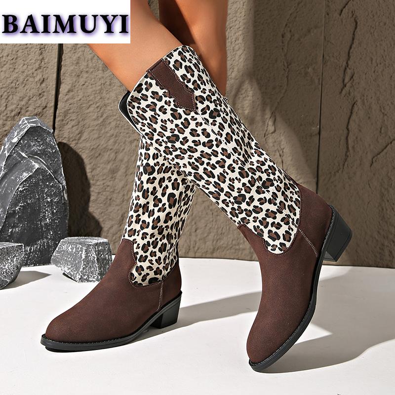 Fashion Leopard Mid Heels Women Shoes Mid-calf Boots 2025 Trend Designer Gladiator Chunky Western Boots New Pumps Chelsea Botas Mujer