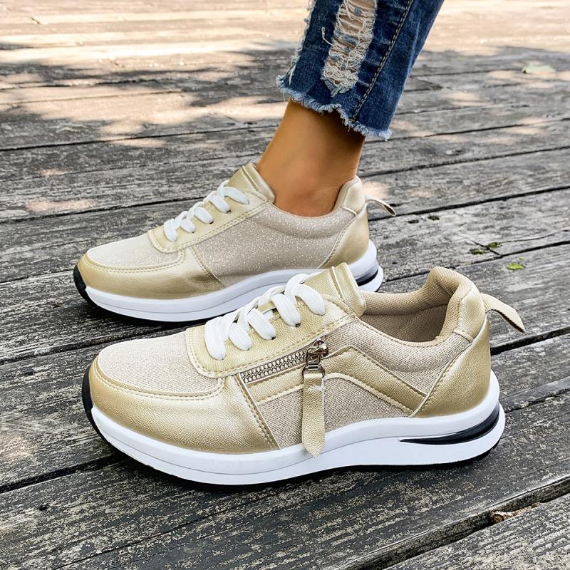 Casual Breathable Mesh Lace Up Sports Sneakers Women 2025 Autumn Fashion Zip Decoration Running Shoes Soft Wedge Heel Sneakers