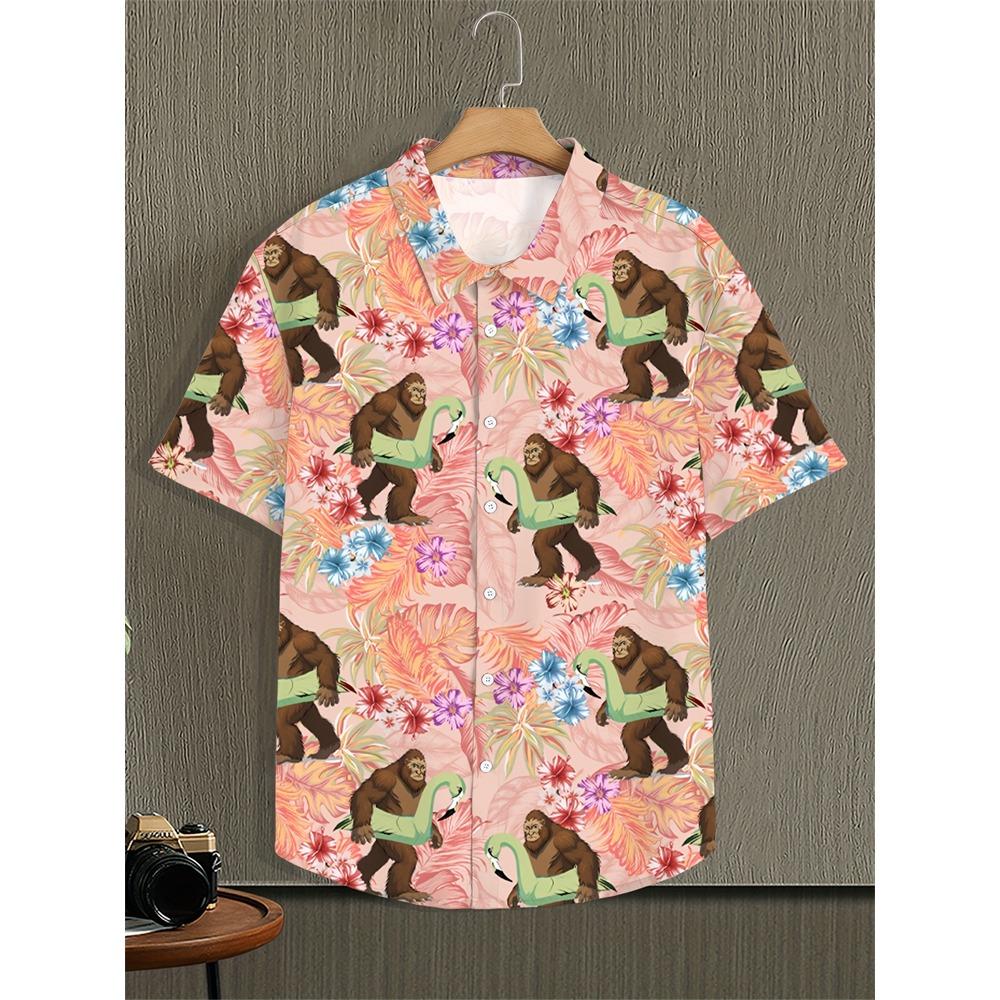 2026 Men's Summer Shirt Lapel Design Swimming Circle Gorilla Pattern Men's Large Size Shirt Fashion Loose Seaside Partywear