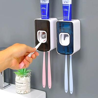 2 Piezas Dispensador Automático de Pasta de Dientes Set de Soporte para Cepillos de Dientes Montado en Pared Sin Taladro Artículos de Baño Estante Organizador para Cepillos de Dientes