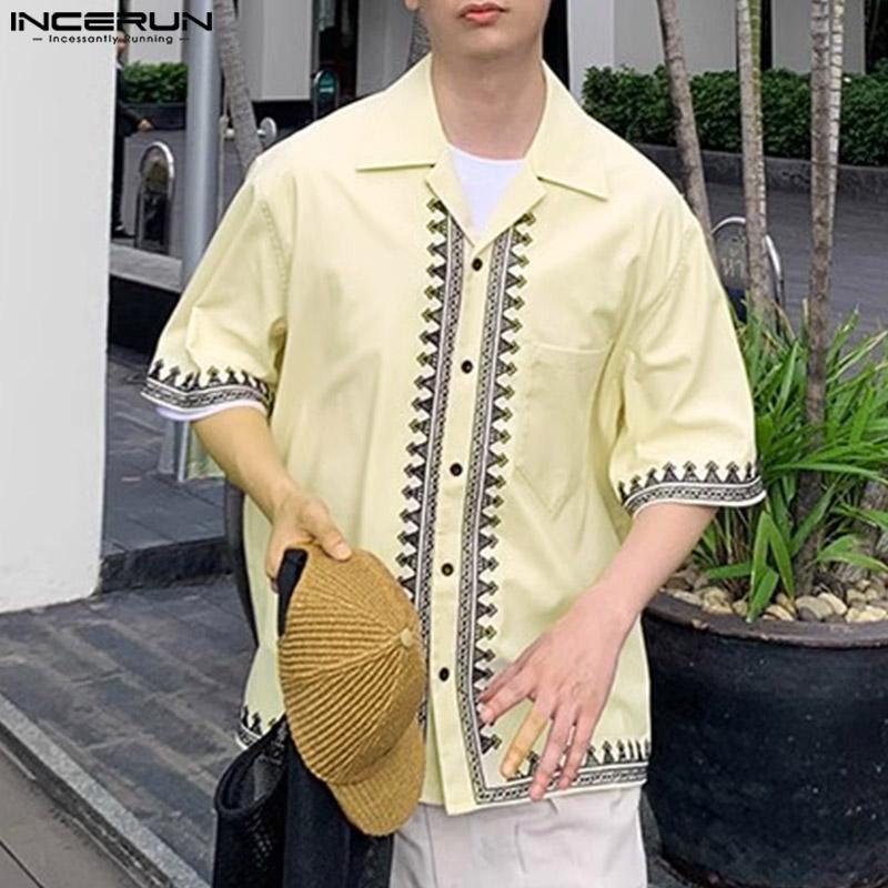 INCERUN Men Oversized Lapel Neck Half Sleeve Print Casual Loose Shirts Tops