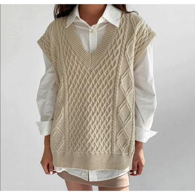 Gestrickte Weste für Damen V-Ausschnitt Muster Ärmellos Einfarbiges Oberteil für Winter Lässige Mode Warme Westen