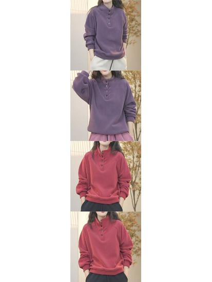 Double-Sided Fleece Autumn/Winter Warm Half-High Collar Sweatshirt: Casual, Versatile, Slimming, Loose, Plus-Size Solid Color Top.