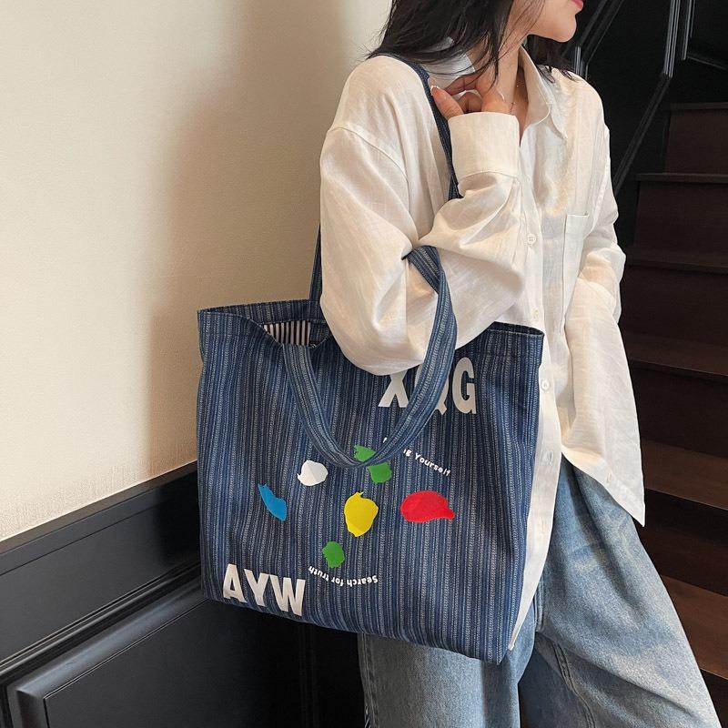 Large Capacity Denim Bag Women's New Fashion Striped Versatile Shoulder Bag Going Out Commuting Tote Bag