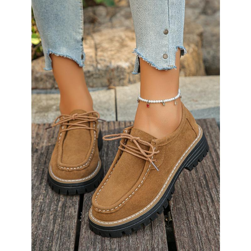 Lace-up Platform Loafers Women's New 2025 Autumn Vintage Muffin Plus-size Low-top Shoes