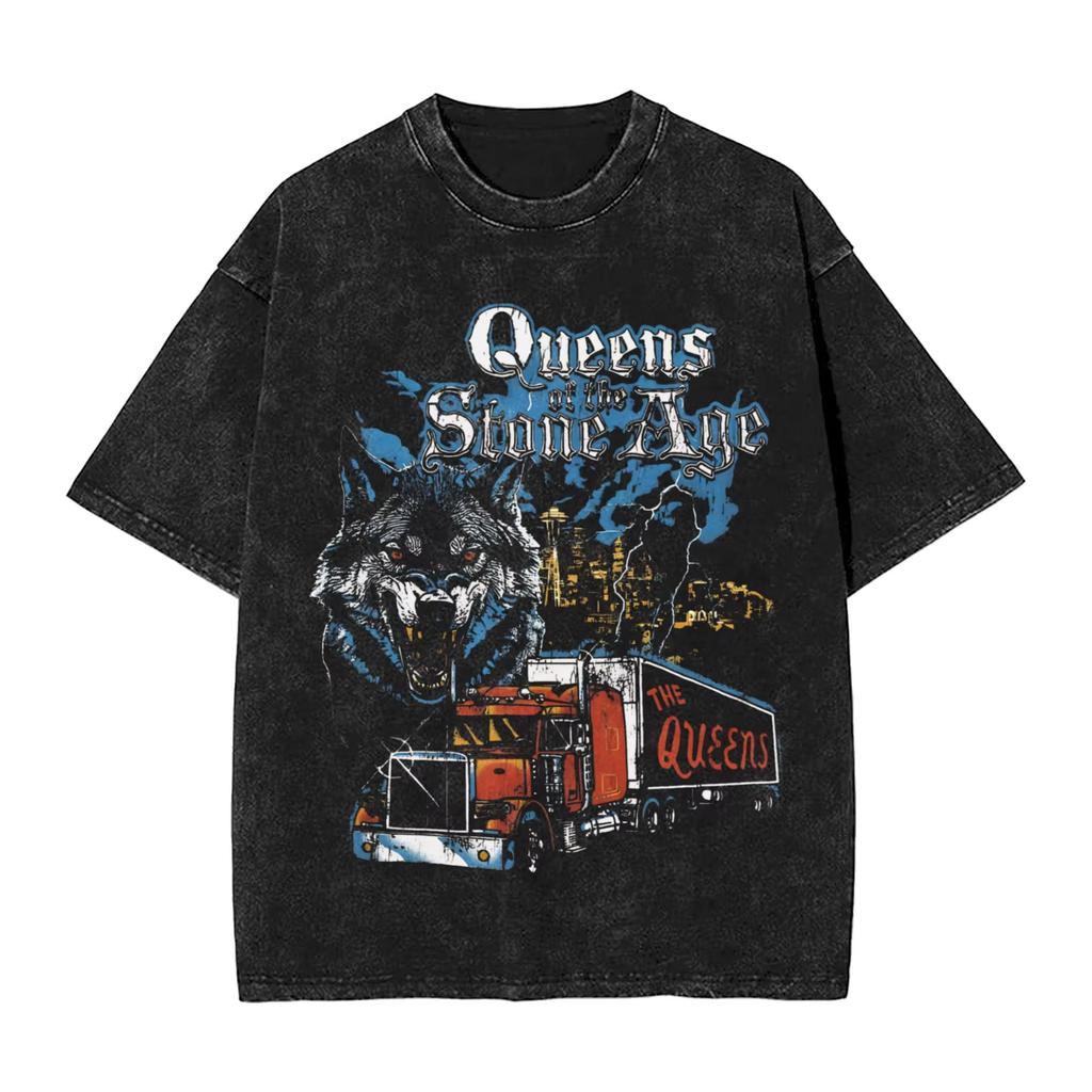 Camiseta Retro para Hombre de la Banda Queen of The Stone Age Lavada Camisetas Divertidas Manga Corta Cuello Redondo Ropa de Algodón Puro