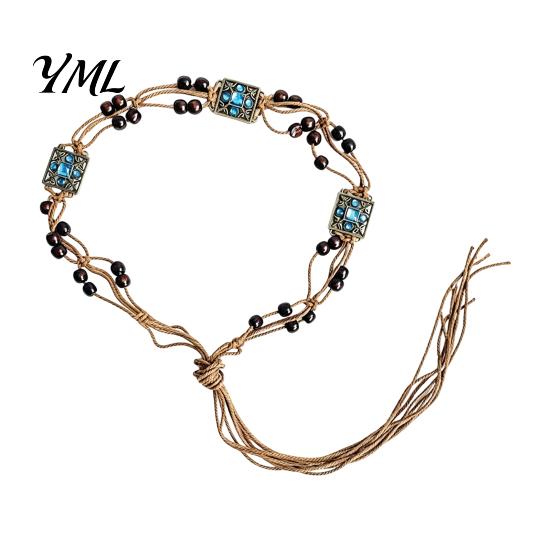 Braided Rope Waistband Bohemian Waist Belt for Women, Vintage Rhinestone Cord Handmade Ornament Chain, Adjustable Layered Belly Chain Dresses