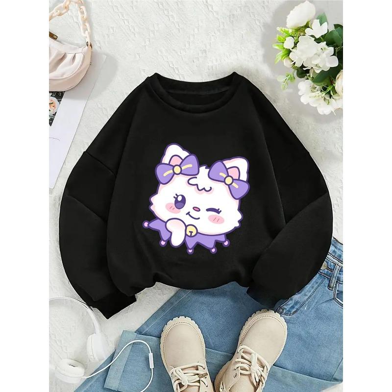 European sizes Kids' Crewneck Sweatshirt | Cute Kitty with Purple Bows and Paws, , Sportswear and Casual Wear, Soft and Comfortable