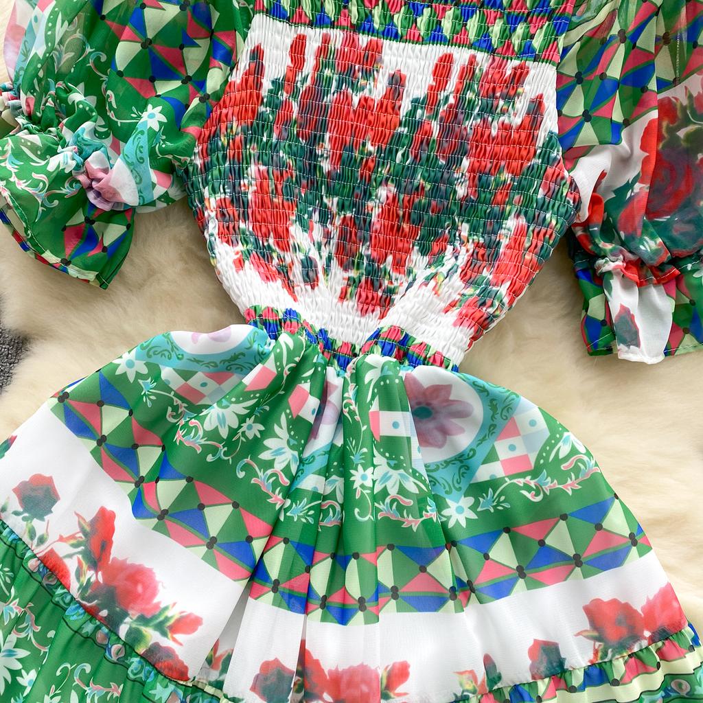 Berufskleid für Damen, quadratischer Kragen, Puffärmel, bedruckt, Chiffon-Kleider, A-Linie, Falten, Stretch, Vestidos Mujer, Sommer, Dropship