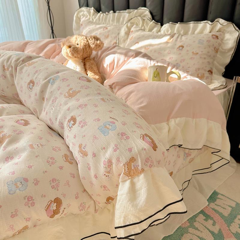 Sleep Grid Double-layer Yarn Wrinkled Yarn Korean Fresh Style Bed Skirt Four Piece Set