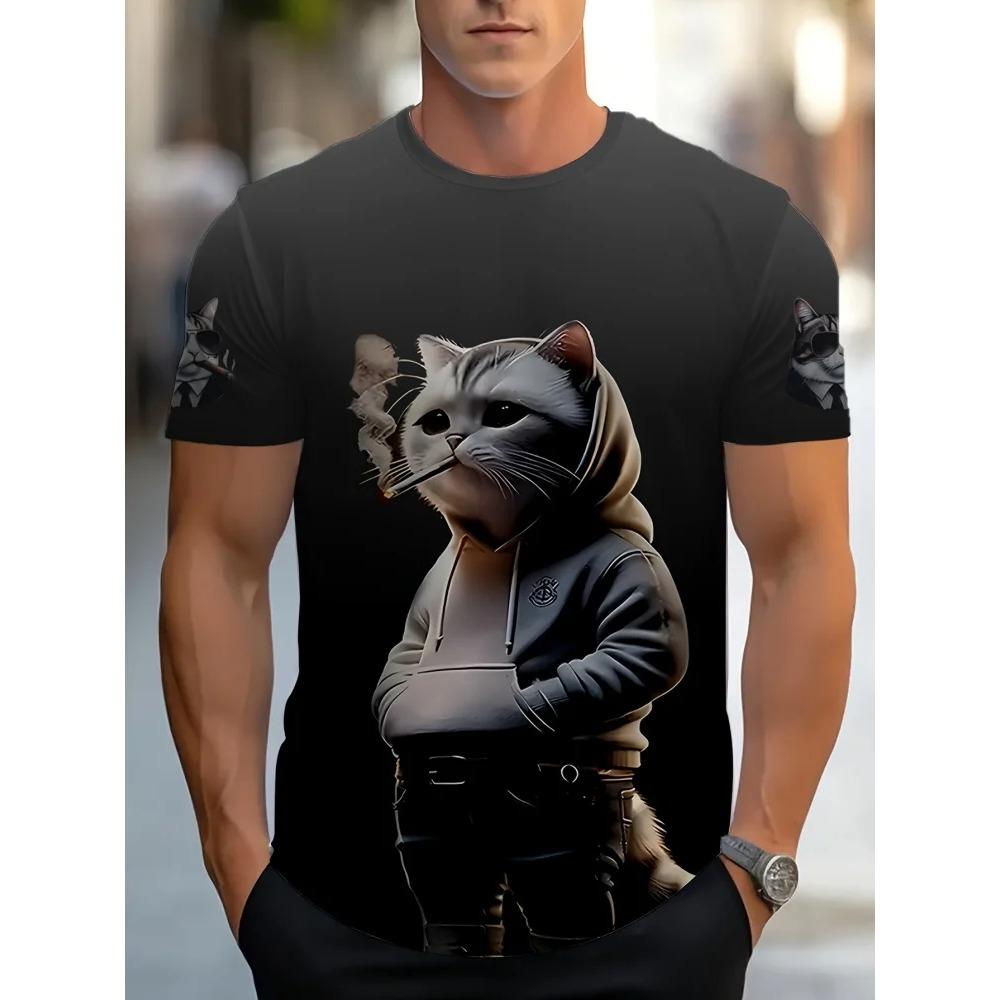 Fashionable Animal Cat Pattern Men's T-Shirt with 3D Print, Trendy, Stylish, Comfortable Short Sleeve Crew Neck Top