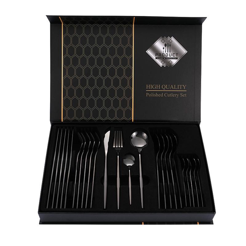 24pcs Gold Dinnerware Set Stainless Steel Steak Knife Fork Coffee Spoon Teaspoon Flatware Dishwasher Safe Kitchen Tablewar