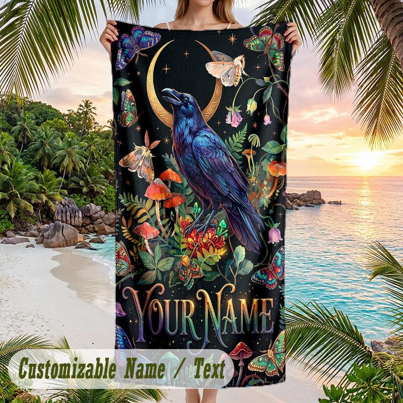 Forest Creatures Night Theme Quick Dry Beach Towel Custom Name Text Print Large Sand Resistant Towel Beach Vacation