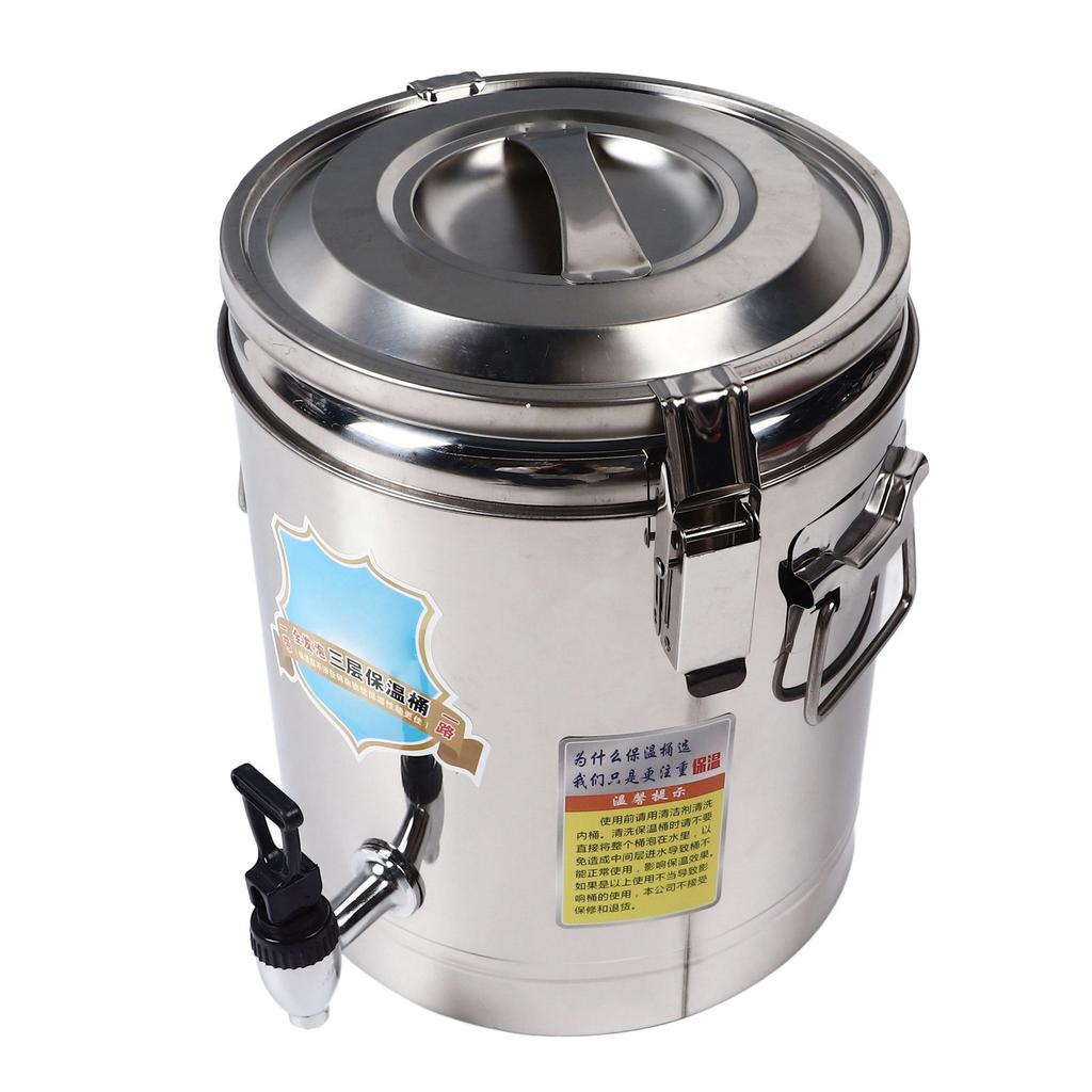 10L Insulated Soup Bucket with Faucet Commercial Rice Bucket Pot Stainless Steel Buckle Lid Handle Beverage Dispenser