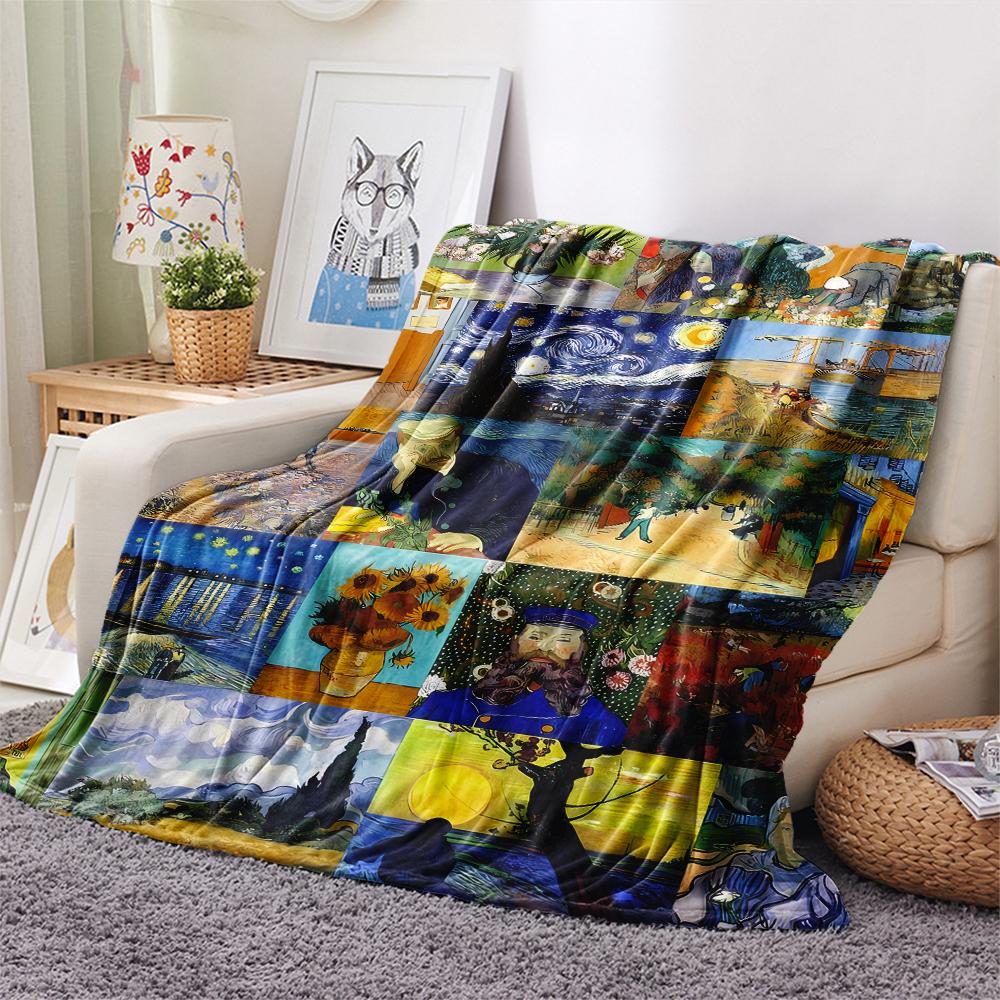 1Pc Van Gogh Painting Print Flannel Blanket, High Quality Comfortable for All Seasons, Home Decor, Warmth and Comfort, Perfect for Christmas Gifts