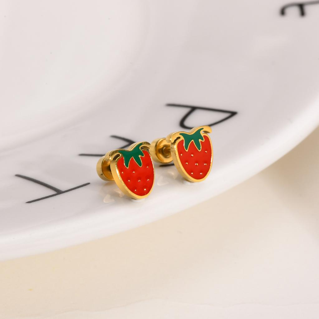 Women's Chic Minimalist Strawberry Stud Earrings, Gold Color Stainless Steel Dainty Charm Rainbow Hoop Dangle Earring To Girls