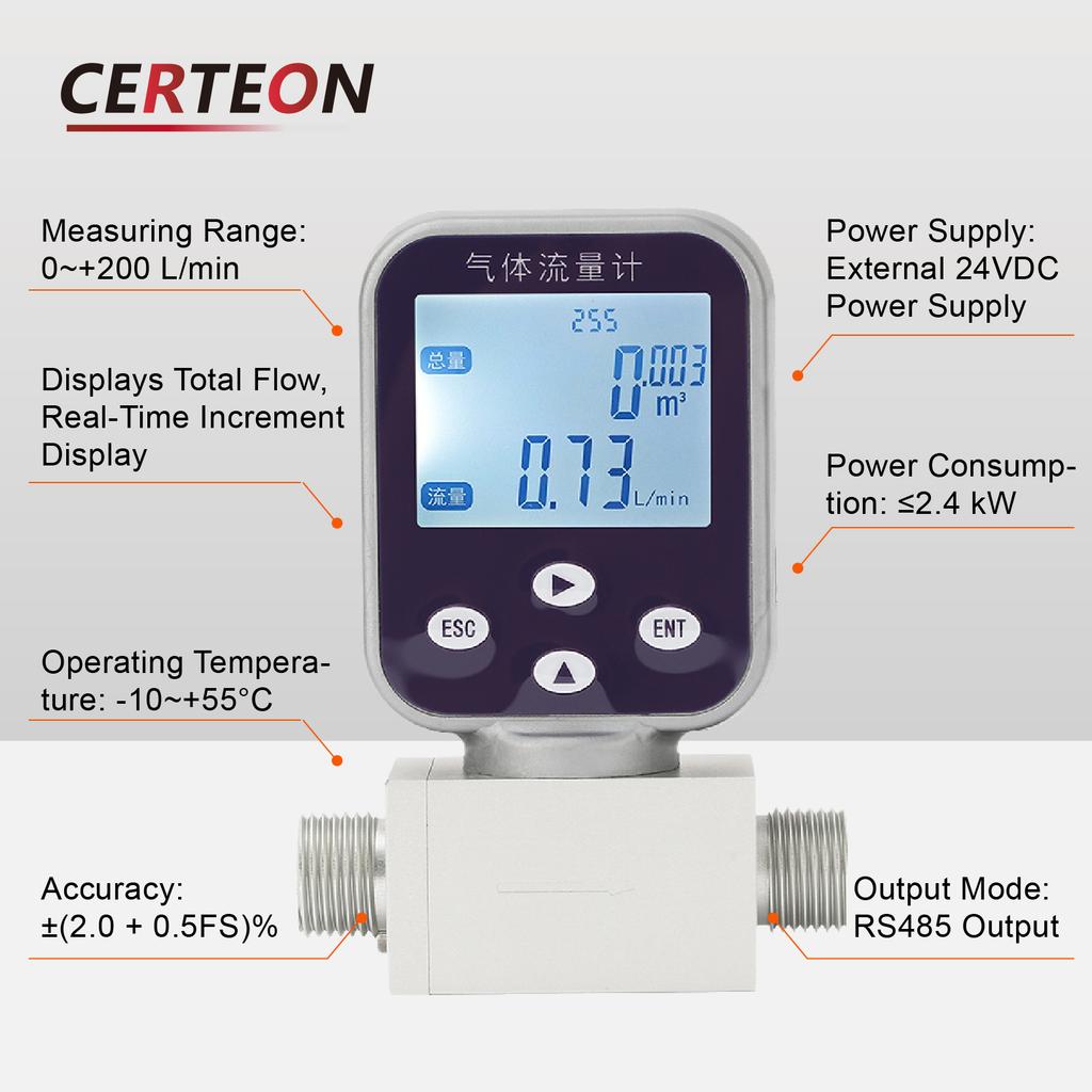 MEMS Thermal Gas Flow Meter G3/8 Male DN10 Mass Flow Sensor for Air Oxygen Nitrogen Argon Methane RS485 Output