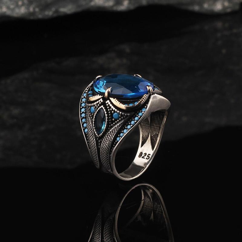 2023 New Zinc Alloy Ring For Men Fashion Trend Blue Zircon Finger Ring Male Party Jewelry