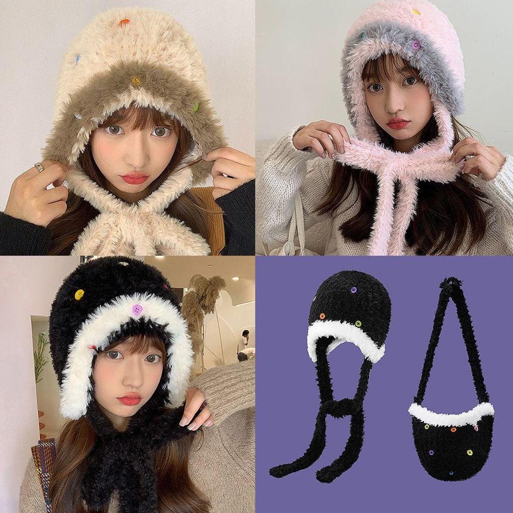 Button-colored earmuff hat with fur winter point lovely warm