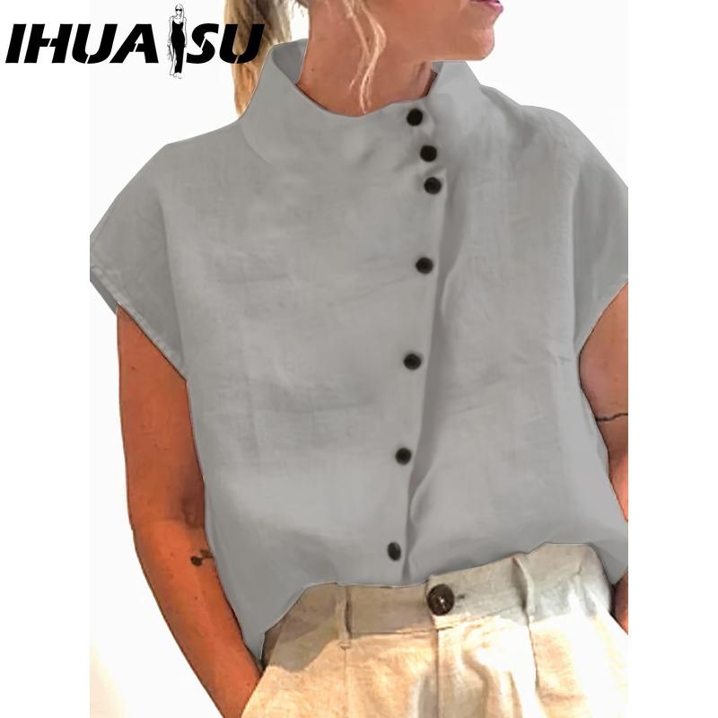 

IHUASU Женские модные повседневные однотонные блузки и рубашки с принтом и коротким рукавом XXL серый