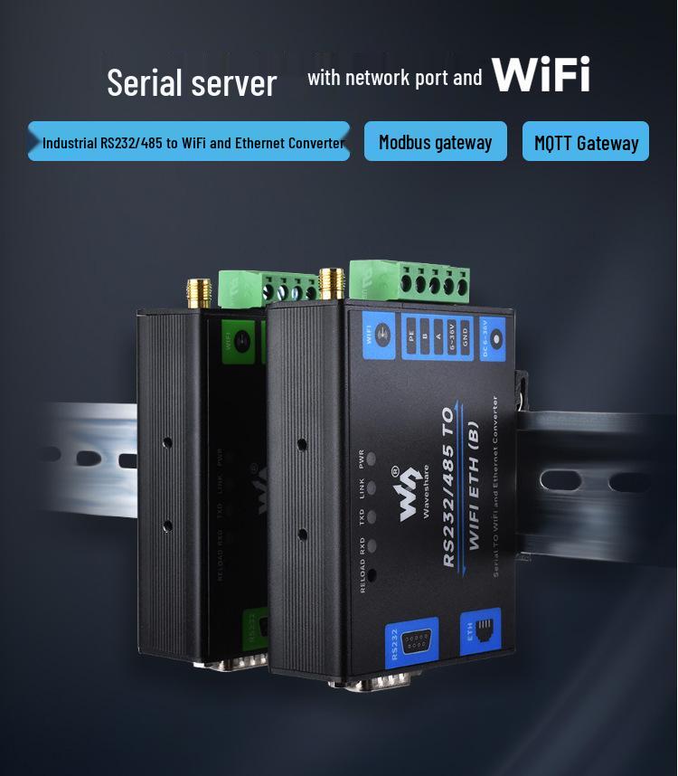 Industrial RS232/485 Serial-to-Ethernet Modbus Gateway with Wall and DIN Rail Mounting.