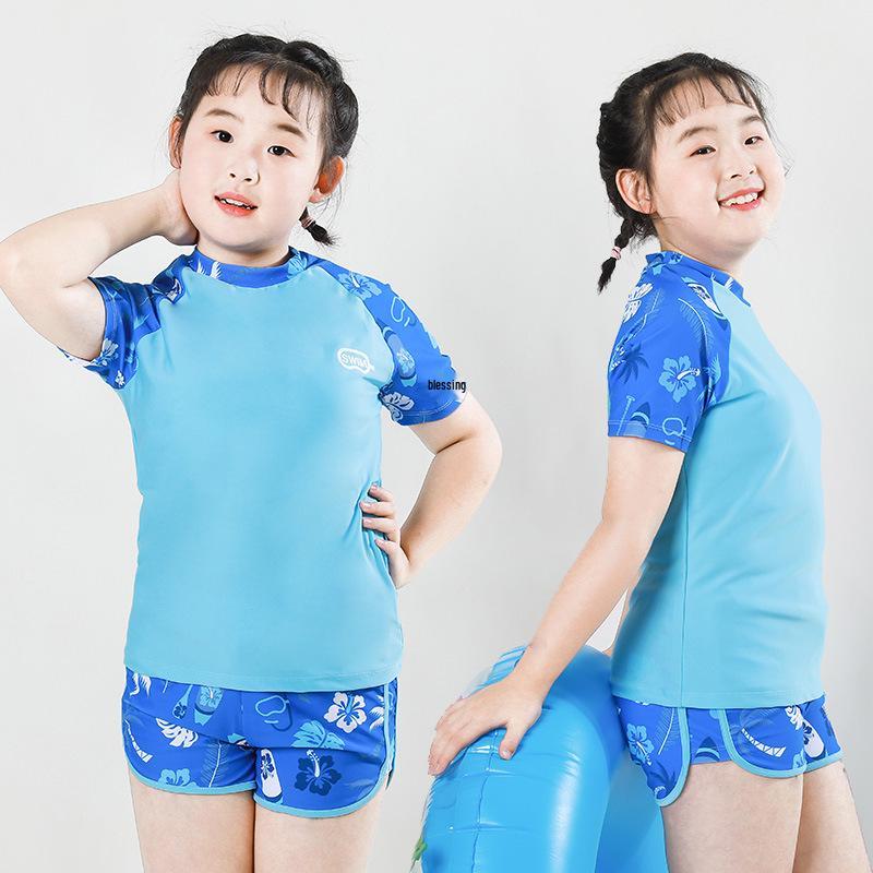 Plus Size Girls' Sun Protection Swimwear, Quick-Dry Split Design for Big Kids