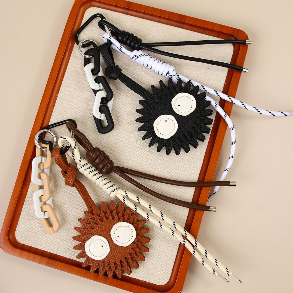 Leather Keychain With Cartoon Coal Ball Pendant For Fashionable Car And Bag Accessories