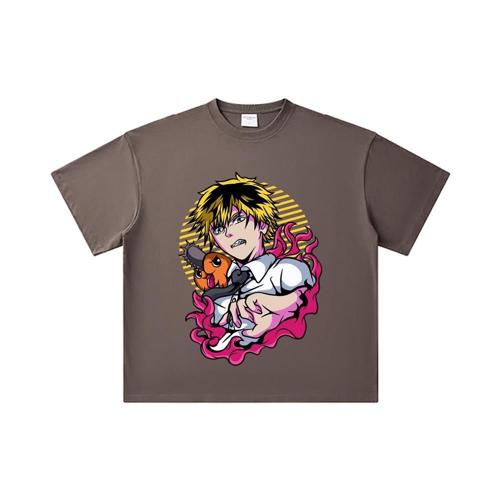 260 GSM Double Yarn 32 Count 100% Cotton Chainsaw Man V4 Denji Pochita Print Unisex Heavy Cotton T Shirt