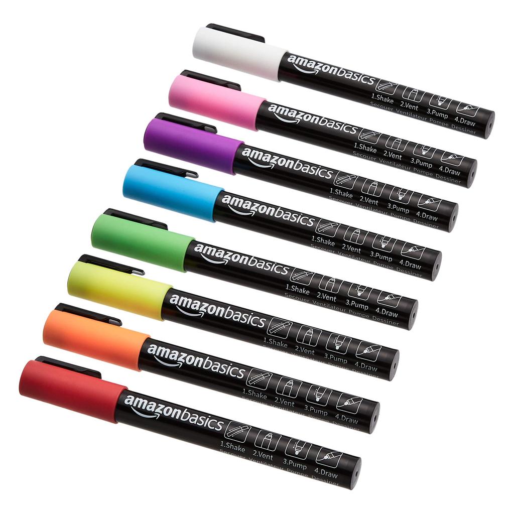 AmazonBasics Chalk Marker Set Fine Point Bright Color 8 Pack