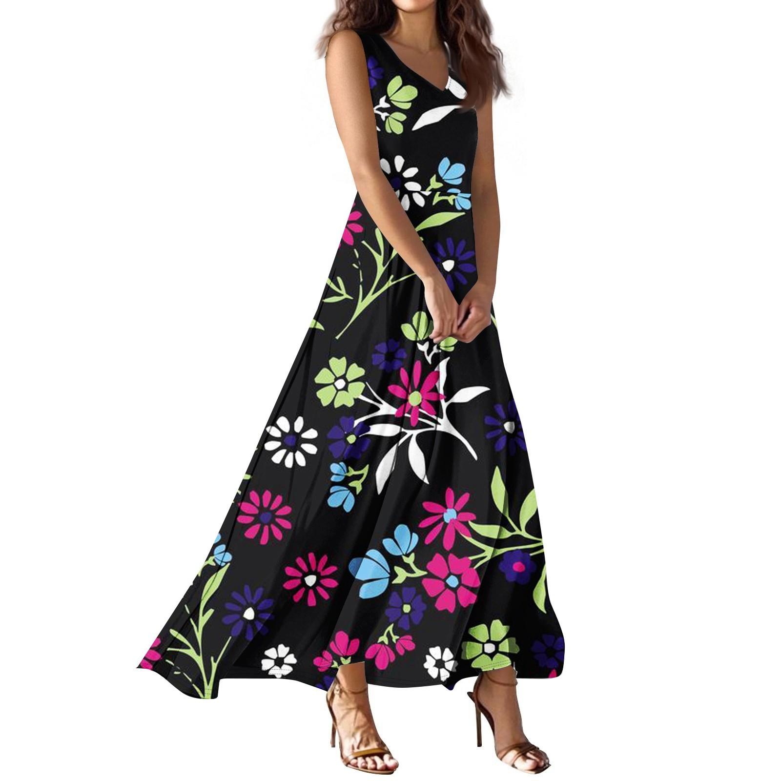 Women s Summer Casual Fashion Printed Dress V Neck Sleeveless Dress L чёрный