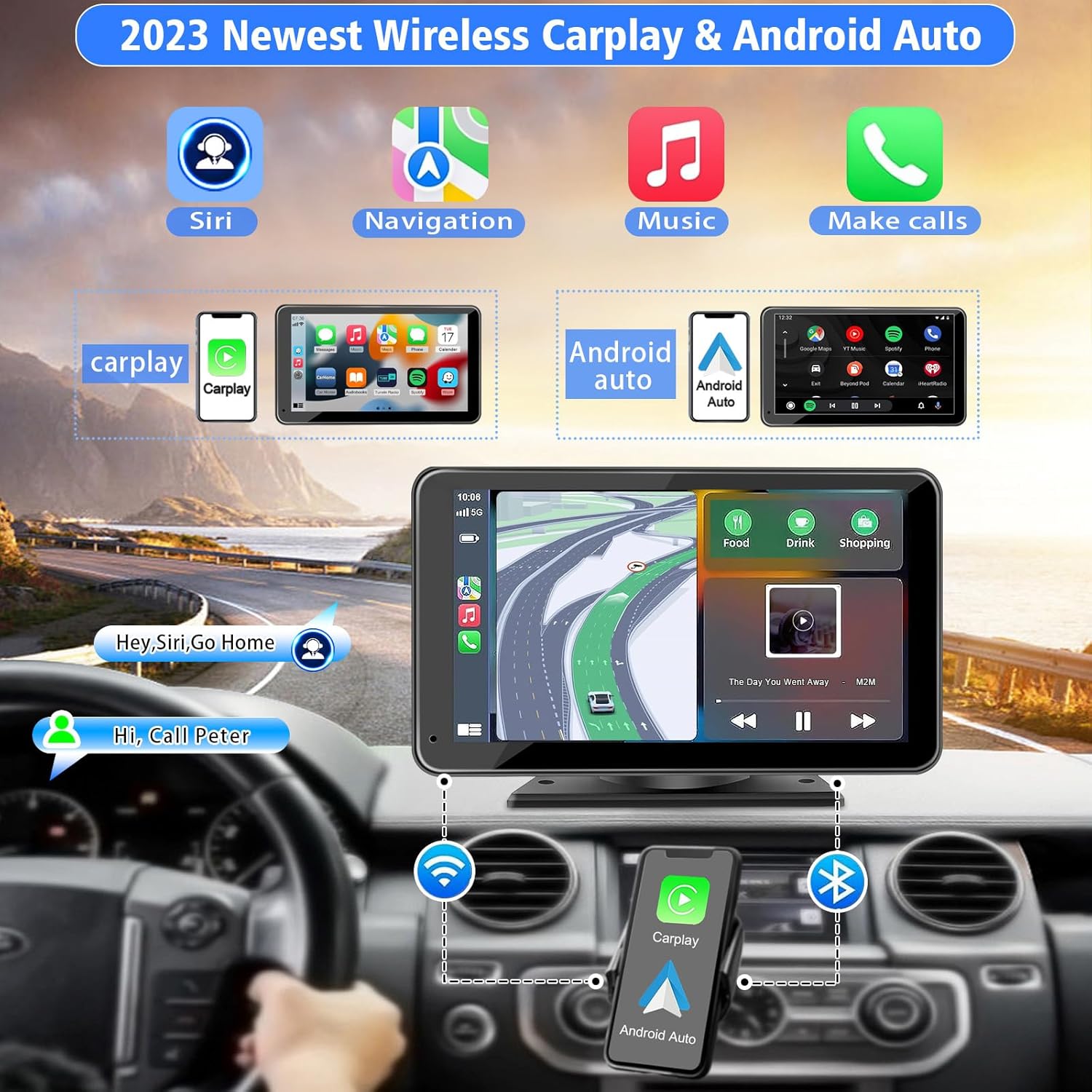 Portable Wireless with Apple CarPlay and Android Auto Screen for Car, 7  HD Touch Screen Car Stereo with Mirror Link, Bluetooth 5.2, Backup Camera,