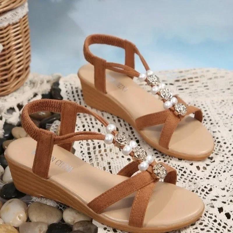 Damenschuhe 2025 Sommer Elastisches Band Damen Sandalen Outdoor Damen Casual String Perle Runde Zehe Übergröße Plateau Keilsandalen