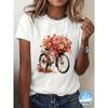 European Size Women's Short Sleeve Round Neck T-Shirt - Floral & Bicycle Print Blouse, Summer Top with Short Sleeve Round Neck, Spring Summer Outfits